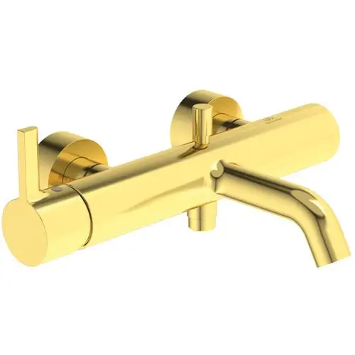 Wandmontierte Mischbatterie in goldener Ausführung von Ideal Standard mit zwei Steuerknöpfen und einer Auslauföffnung. Eignet sich für Badezimmeranwendungen.